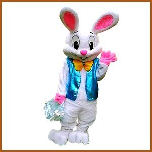 Adult Easter Bunny Mascot Costume with Blue Vest Yellow Bow Tie